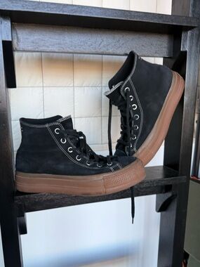 Converse High Top Sneakers Black Leather with Brown Gum Sole